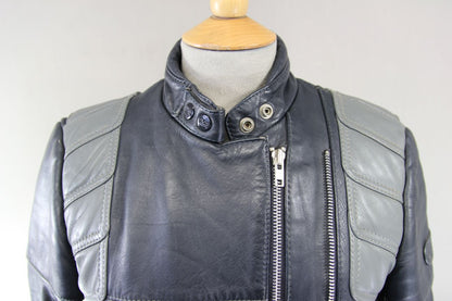 LADIES CLASSIC VINTAGE 1980's DARK & LIGHT GREY MQP LEATHER BIKER JACKET 36 INCH