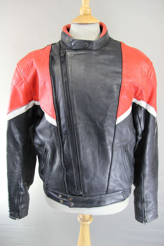 VINTAGE BLACK, RED & WHITE LEATHER SPORTEX IMOLA CLASSIC BIKER JACKET 42 INCH