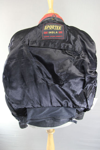 VINTAGE BLACK, RED & WHITE LEATHER SPORTEX IMOLA CLASSIC BIKER JACKET 42 INCH