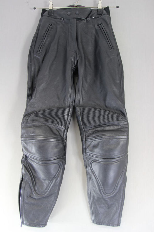 WEISE BLACK LEATHER BIKER TROUSERS + CE ARMOUR SIZE 8: WAIST 26 INCH/LEG 27 INCH