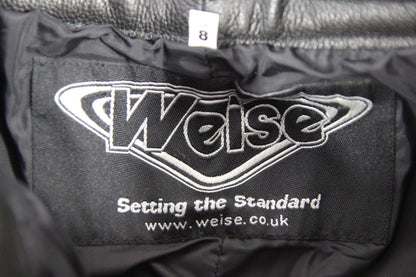 WEISE BLACK LEATHER BIKER TROUSERS + CE ARMOUR SIZE 8: WAIST 26 INCH/LEG 27 INCH