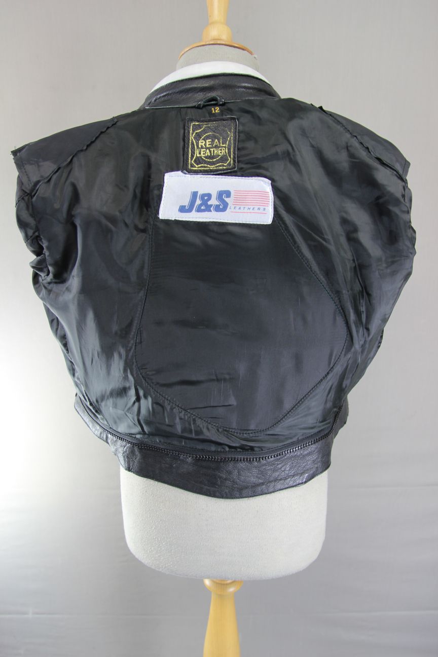 J&S BLACK, RED & WHITE LEATHER BIKER JACKET: SIZE 12 34-36 INCH CHEST
