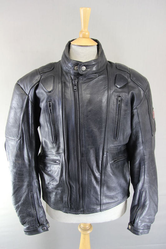 DYNAMIC LEATHER BLACK COWHIDE BIKER JACKET WITH REMOVABLE KNOX CE ARMOUR 42 INCH