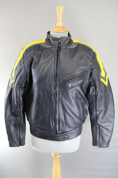 FRANK THOMAS BLACK, YELLOW & SILVER LEATHER BIKER JACKET+BACK PROTECTOR: SIZE 12