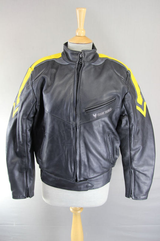 FRANK THOMAS BLACK, YELLOW & SILVER LEATHER BIKER JACKET+BACK PROTECTOR: SIZE 12