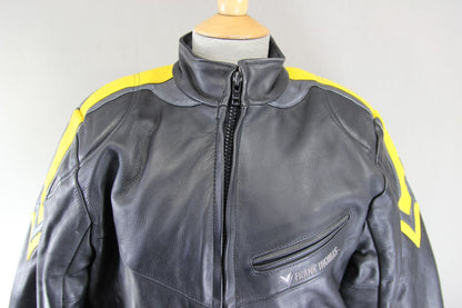 FRANK THOMAS BLACK, YELLOW & SILVER LEATHER BIKER JACKET+BACK PROTECTOR: SIZE 12