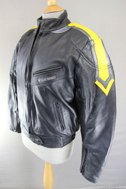 FRANK THOMAS BLACK, YELLOW & SILVER LEATHER BIKER JACKET+BACK PROTECTOR: SIZE 12