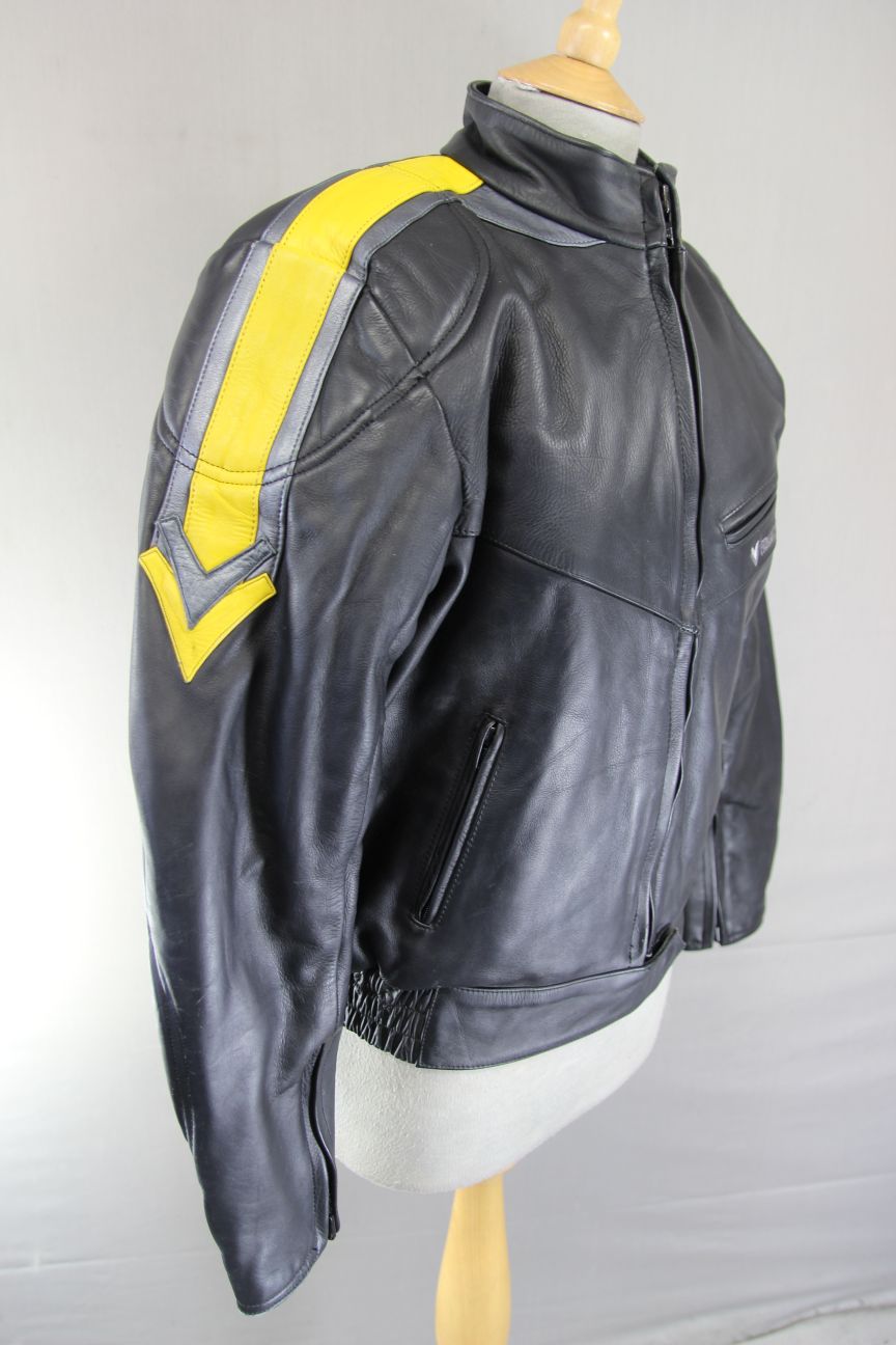 FRANK THOMAS BLACK, YELLOW & SILVER LEATHER BIKER JACKET+BACK PROTECTOR: SIZE 12