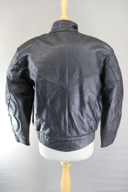 FRANK THOMAS BLACK, YELLOW & SILVER LEATHER BIKER JACKET+BACK PROTECTOR: SIZE 12