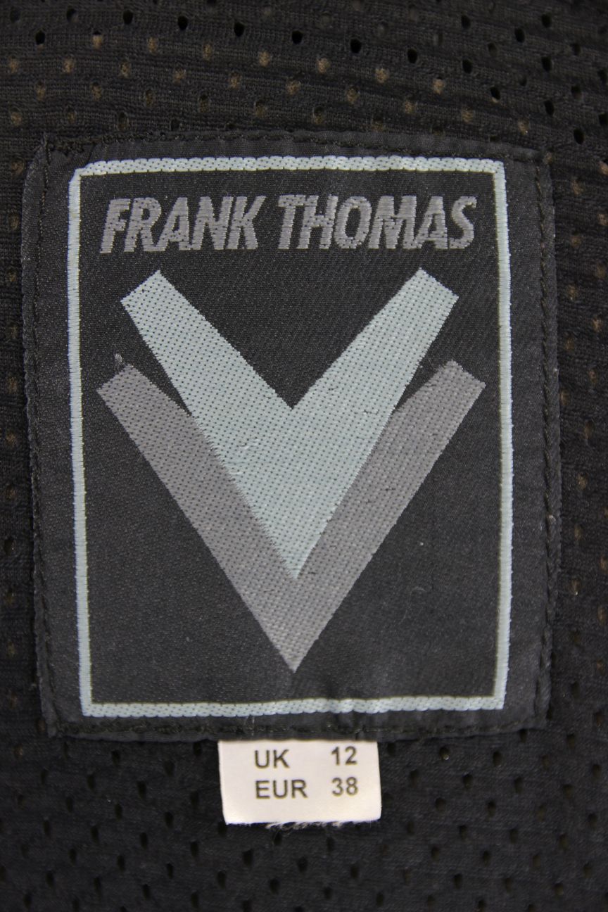 FRANK THOMAS BLACK, YELLOW & SILVER LEATHER BIKER JACKET+BACK PROTECTOR: SIZE 12