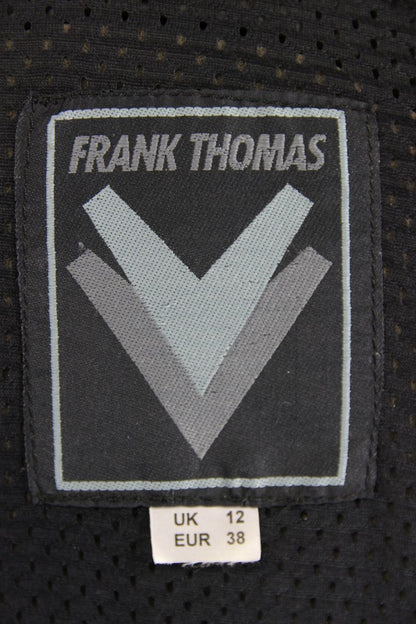 FRANK THOMAS BLACK, YELLOW & SILVER LEATHER BIKER JACKET+BACK PROTECTOR: SIZE 12