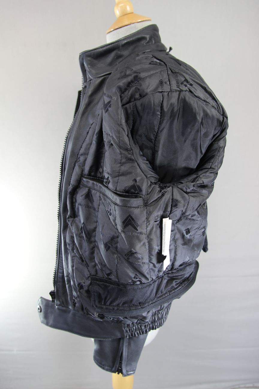 FRANK THOMAS BLACK, YELLOW & SILVER LEATHER BIKER JACKET+BACK PROTECTOR: SIZE 12