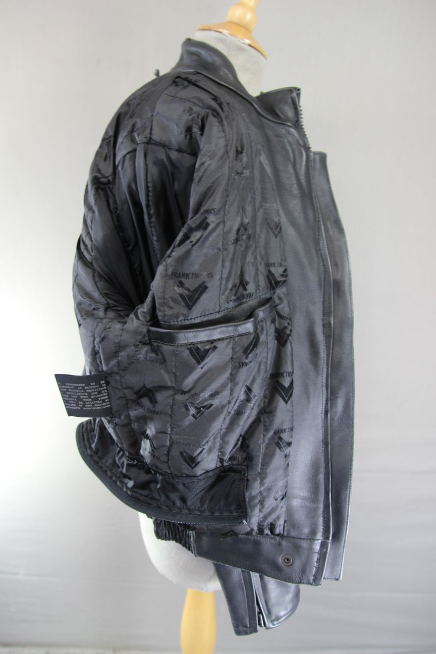 FRANK THOMAS BLACK, YELLOW & SILVER LEATHER BIKER JACKET+BACK PROTECTOR: SIZE 12