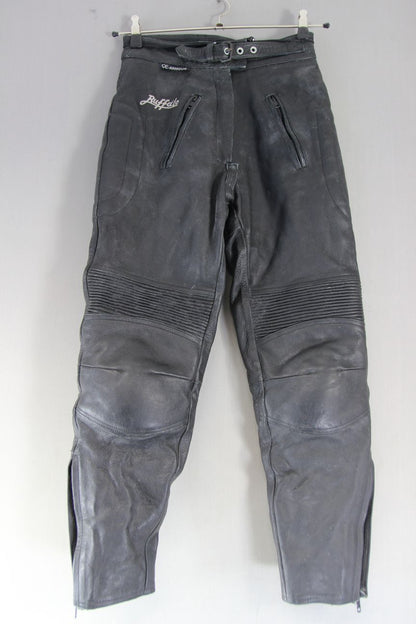 BUFFALO BLACK LEATHER BIKER TROUSERS + CE ARMOUR SIZE 10 WAIST 28/INSIDE LEG 28"