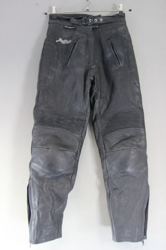BUFFALO BLACK LEATHER BIKER TROUSERS + CE ARMOUR SIZE 10 WAIST 28/INSIDE LEG 28"