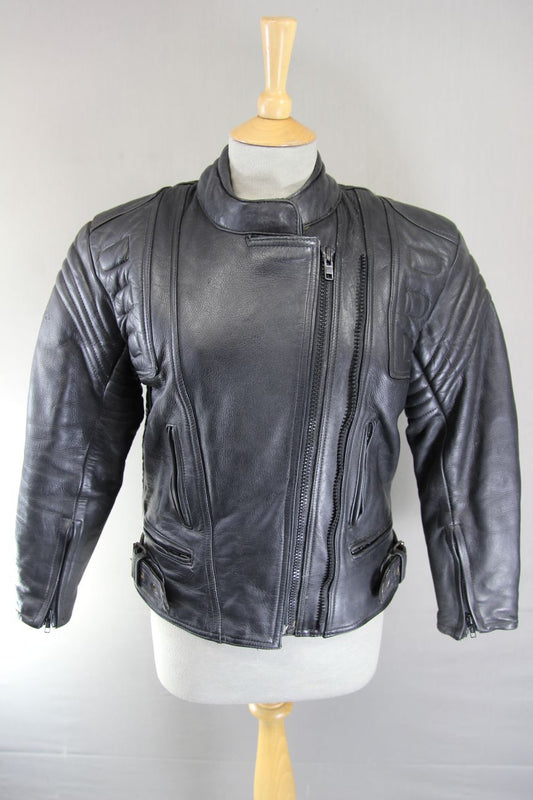 EURO STYLE 'HARLEY DAVIDSON' LADIES BLACK LEATHER BIKER JACKET: 34-36 INCHES