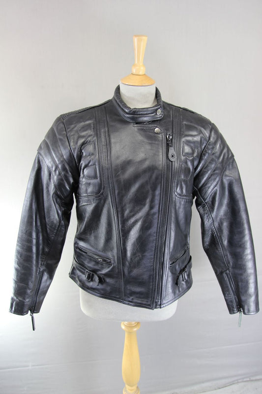 LADIES 'CHARLIE' BLACK LEATHER BIKER JACKET WITH CE ARMOUR 38 INCH/XL