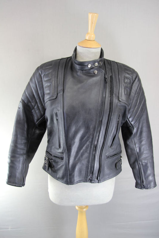 CLASSIC SPORTEX APOLLO BLACK LEATHER BIKER JACKET WITH BACK PROTECTOR: SIZE 14