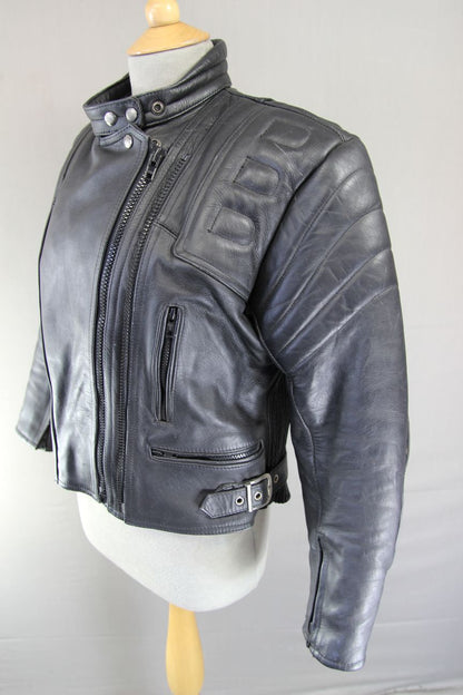 CLASSIC SPORTEX APOLLO BLACK LEATHER BIKER JACKET WITH BACK PROTECTOR: SIZE 14