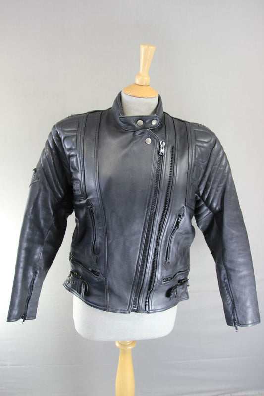 AKITO MERCURY PLUS BLACK LEATHER BIKER JACKET WITH BACK PROTECTOR: SIZE 16