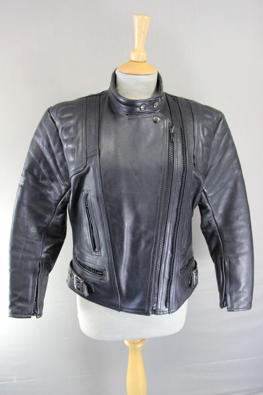 CLASSIC SPORTEX APOLLO BLACK LEATHER BIKER JACKET WITH BACK PROTECTOR: SIZE 12