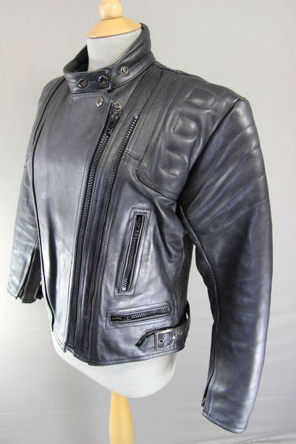 CLASSIC SPORTEX APOLLO BLACK LEATHER BIKER JACKET WITH BACK PROTECTOR: SIZE 12