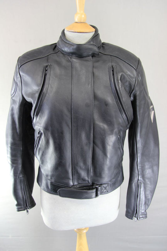 FRANK THOMAS BLACK LEATHER BIKER JACKET WITH PROTECTORS & THERMAL LINING SIZE 12