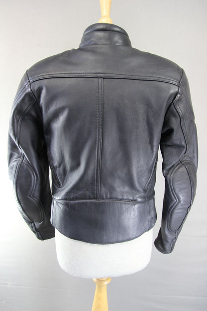 FRANK THOMAS BLACK LEATHER BIKER JACKET WITH PROTECTORS & THERMAL LINING SIZE 12