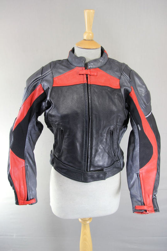 FRANK THOMAS BLACK, SILVER & RED LEATHER BIKER JACKET + BACK PROTECTOR: SIZE 10