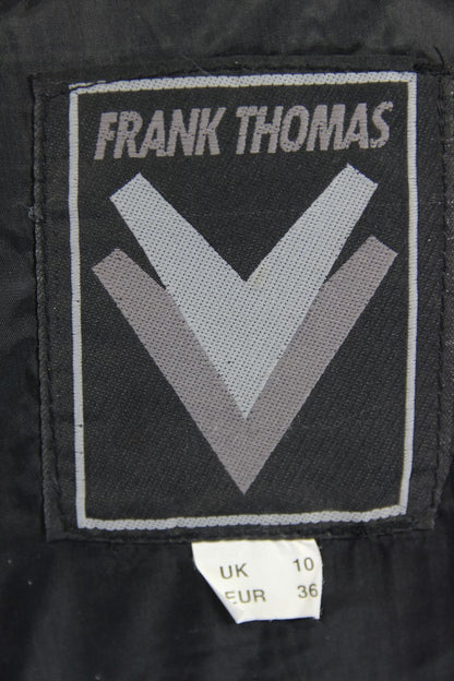 FRANK THOMAS BLACK, SILVER & RED LEATHER BIKER JACKET + BACK PROTECTOR: SIZE 10