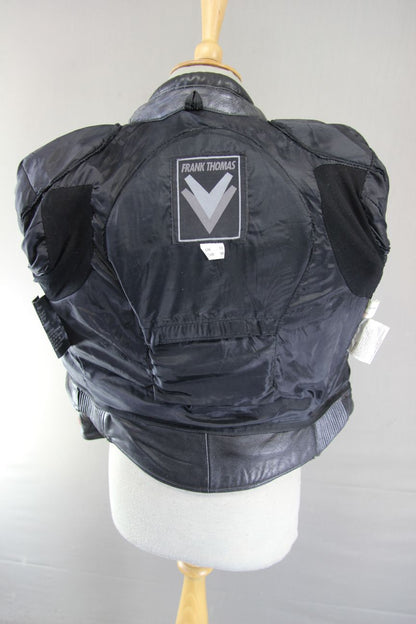 FRANK THOMAS BLACK, SILVER & RED LEATHER BIKER JACKET + BACK PROTECTOR: SIZE 10