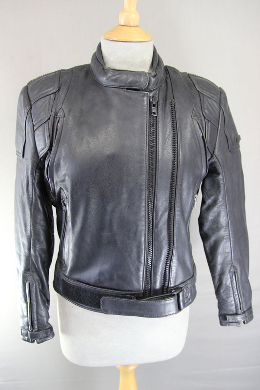 FRANK THOMAS BLACK COWHIDE LEATHER BIKER JACKET WITH THERMAL LINING SIZE 12