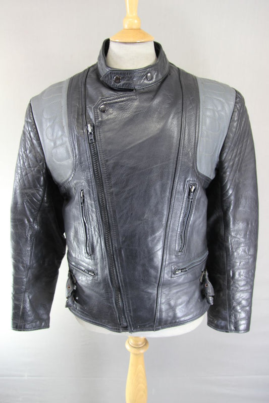 VINTAGE 1970's/1980's NICE BLACK & GREY COWHIDE LEATHER BIKER JACKET 40-42 INCH