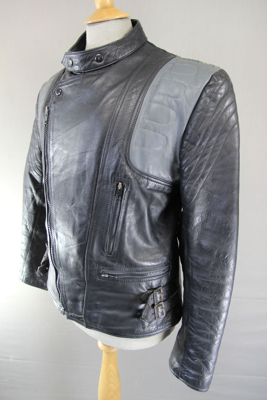 VINTAGE 1970's/1980's NICE BLACK & GREY COWHIDE LEATHER BIKER JACKET 40-42 INCH