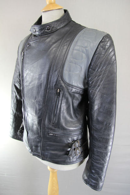 VINTAGE 1970's/1980's NICE BLACK & GREY COWHIDE LEATHER BIKER JACKET 40-42 INCH