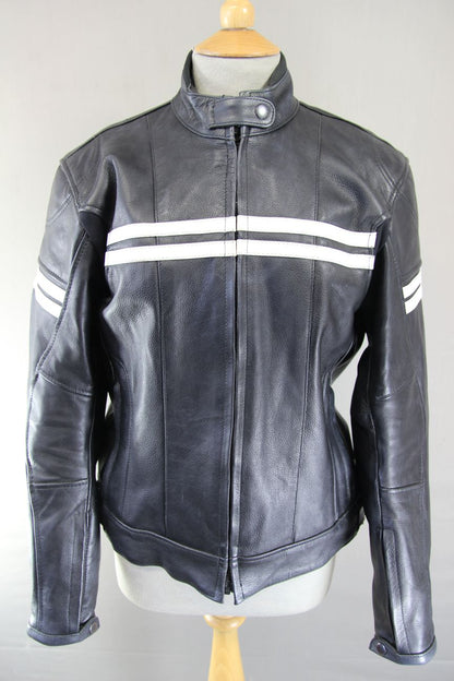 PRO FIRST LADIES BLACK & WHITE LEATHER BIKER JACKET WITH CE ARMOUR 38-40 INCH/XL