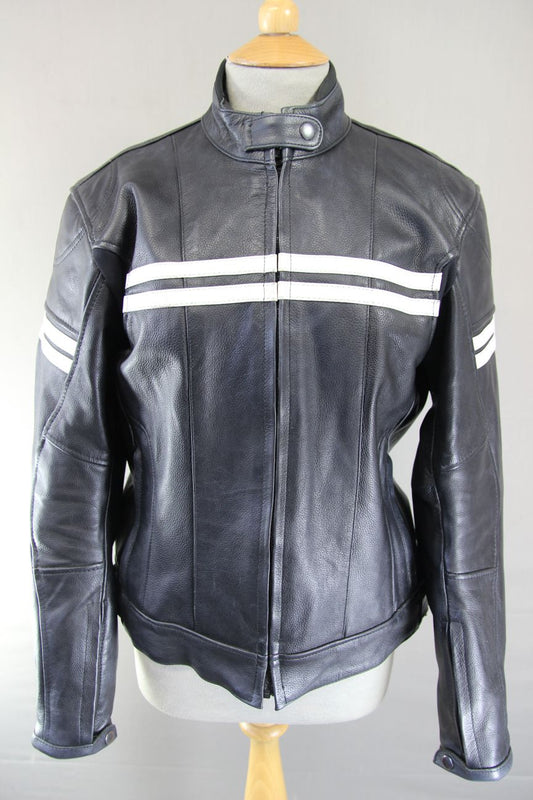 PRO FIRST LADIES BLACK & WHITE LEATHER BIKER JACKET WITH CE ARMOUR 38-40 INCH/XL