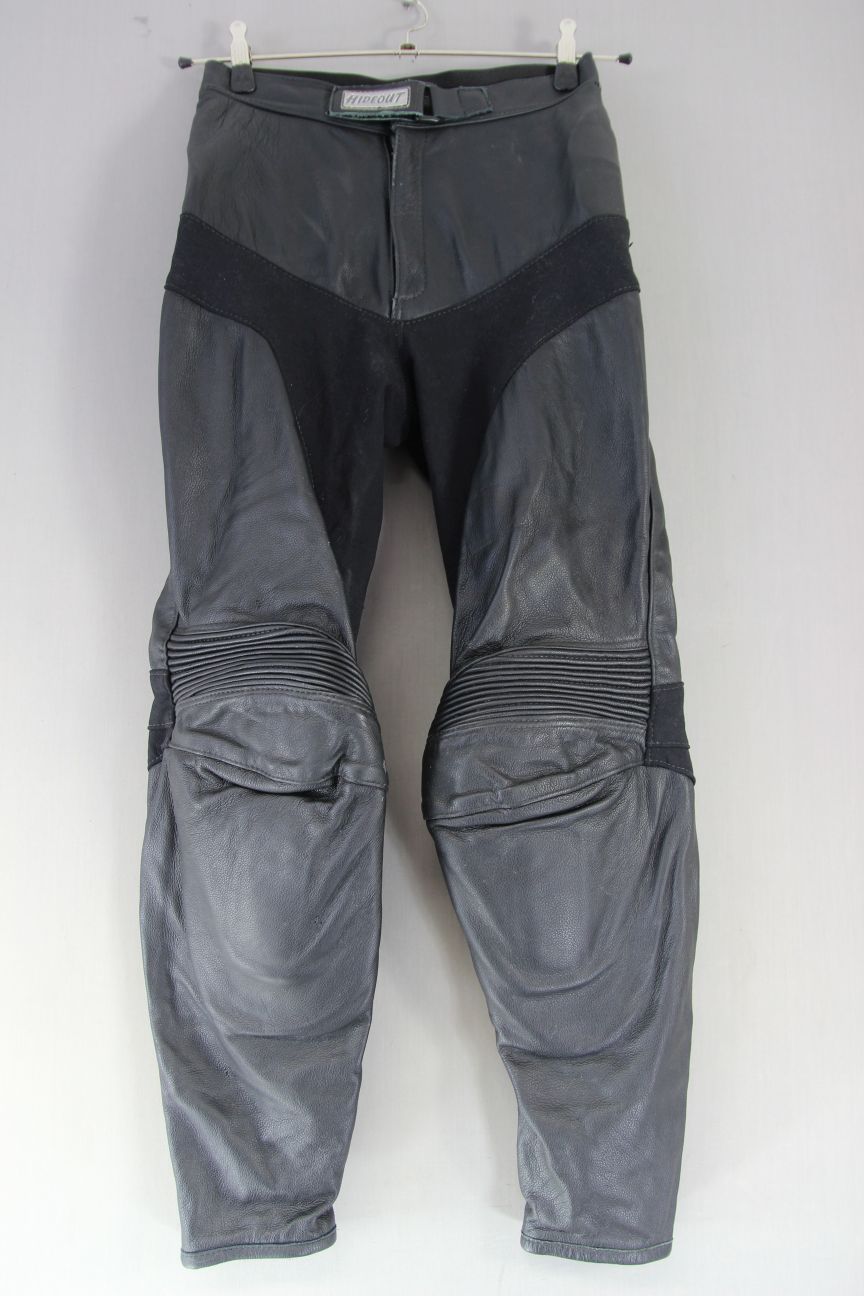 HIDEOUT BLACK LEATHER BIKER TROUSERS WITH HIP & KNEE CE ARMOUR: WAIST 28/LEG 29"