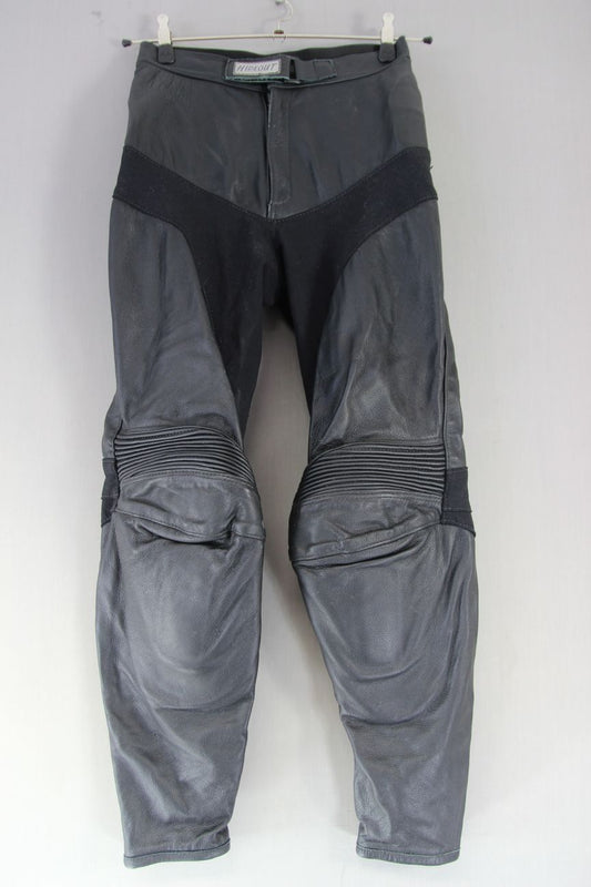 HIDEOUT BLACK LEATHER BIKER TROUSERS WITH HIP & KNEE CE ARMOUR: WAIST 28/LEG 29"