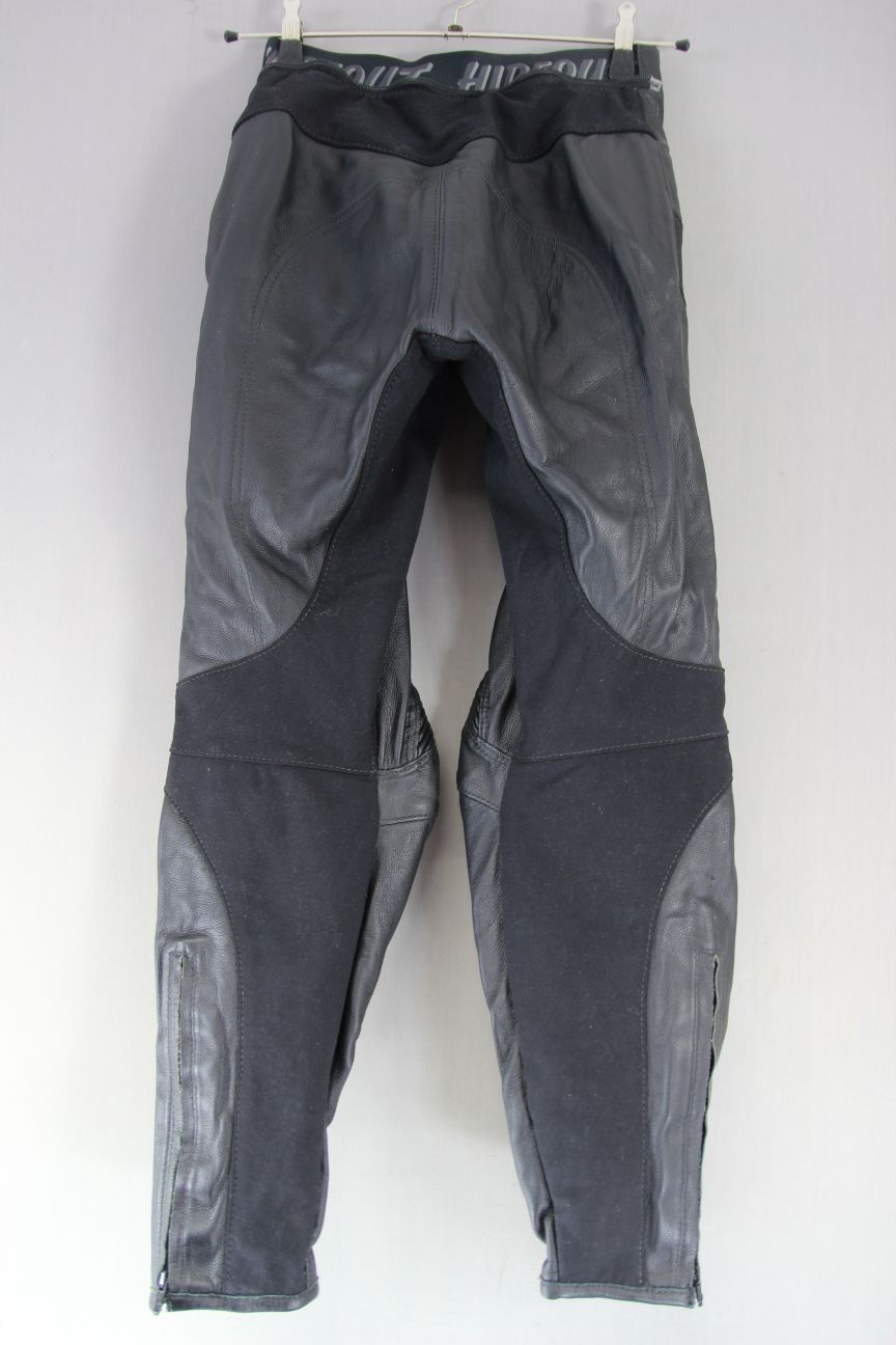 HIDEOUT BLACK LEATHER BIKER TROUSERS WITH HIP & KNEE CE ARMOUR: WAIST 28/LEG 29"