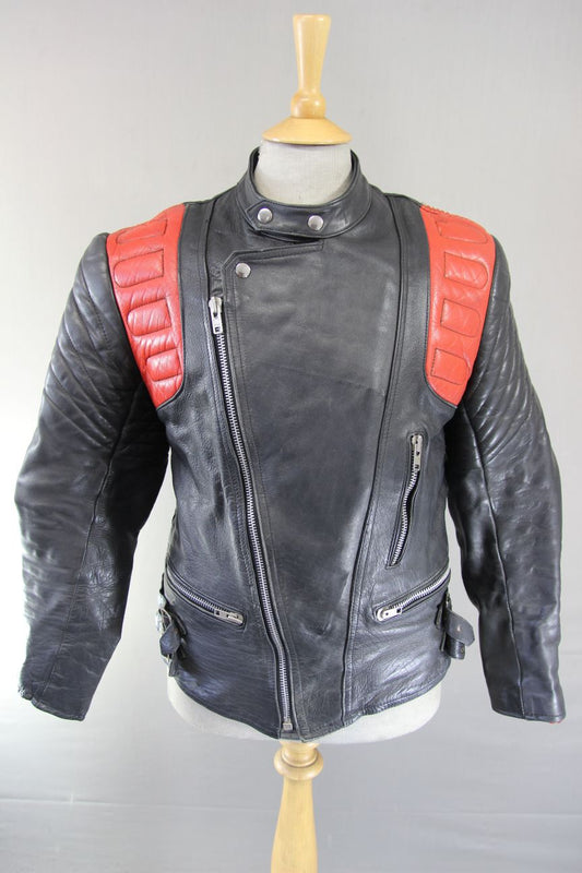CLASSIC VINTAGE BLACK & RED COWHIDE LEATHER RED LINED BIKER JACKET 40 INCH