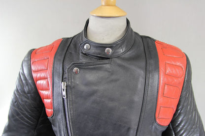 CLASSIC VINTAGE BLACK & RED COWHIDE LEATHER RED LINED BIKER JACKET 40 INCH