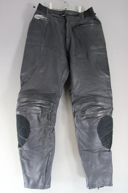 SWIFT INNOVATION BLACK LEATHER BIKER TROUSERS: WAIST 32 INCH/INSIDE LEG 31 INCH