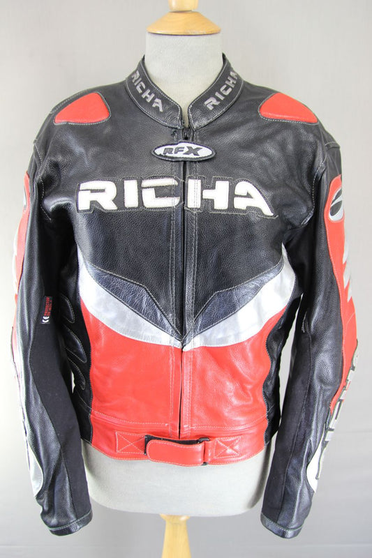 RICHA BLACK, RED & SILVER LEATHER BIKER JACKET WITH REMOVABLE CE ARMOUR: SIZE 12