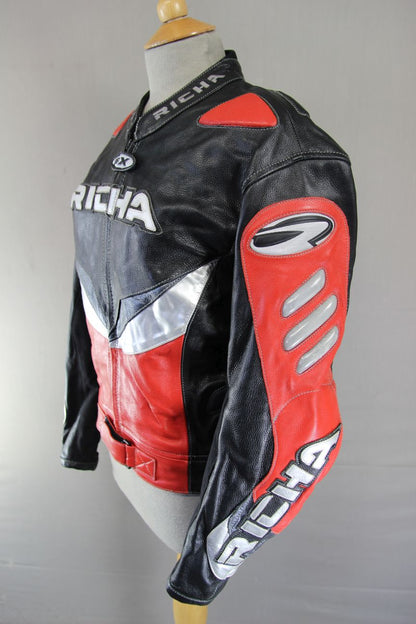 RICHA BLACK, RED & SILVER LEATHER BIKER JACKET WITH REMOVABLE CE ARMOUR: SIZE 12