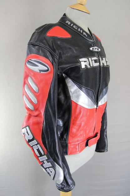 RICHA BLACK, RED & SILVER LEATHER BIKER JACKET WITH REMOVABLE CE ARMOUR: SIZE 12