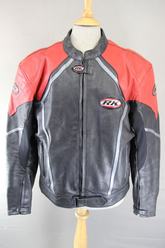RK BLACK, RED & SILVER LEATHER BIKER JACKET WITH CE ARMOUR & THERMAL LINING 46IN