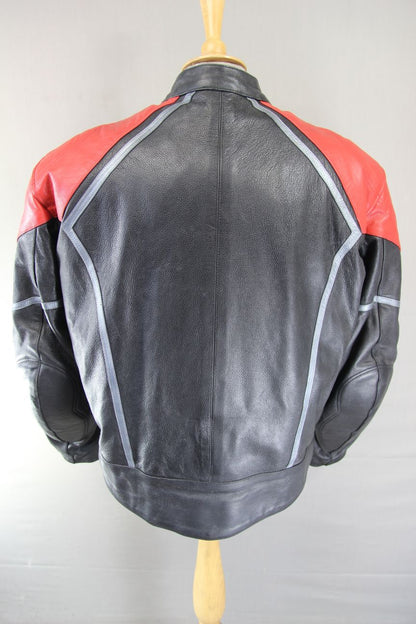 RK BLACK, RED & SILVER LEATHER BIKER JACKET WITH CE ARMOUR & THERMAL LINING 46IN