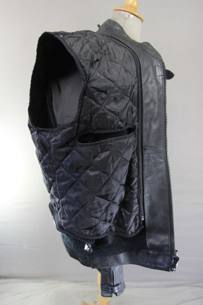 RK BLACK, RED & SILVER LEATHER BIKER JACKET WITH CE ARMOUR & THERMAL LINING 46IN