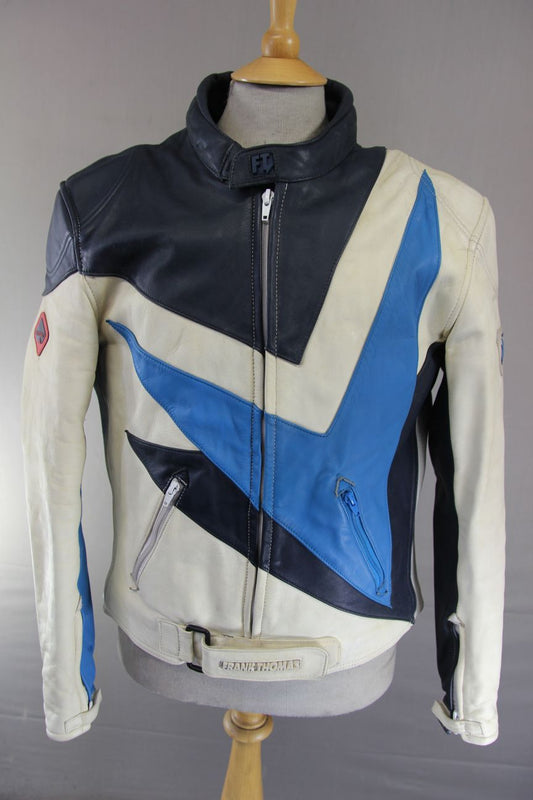 FRANK THOMAS WHITE, DARK BLUE & LIGHT BLUE LEATHER ARMASPORT BIKER JACKET 44 IN